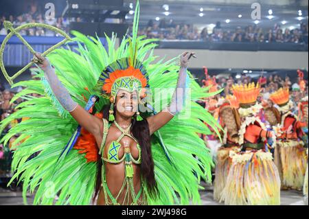 Rio de Janeiro, Brésil. 12 février 2024. Les fêtards participent au défilé du carnaval à Rio de Janeiro, Brésil, le 12 février 2024. Crédit : Zhou Yongsui/Xinhua/Alamy Live News Banque D'Images