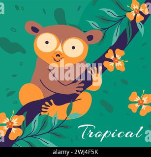 Tarsier tropical, créature arboricole nocturne asiatique Illustration de Vecteur