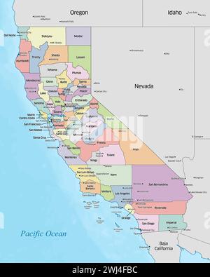 Carte politique colorée des comtés qui composent l'état de Californie situé aux États-Unis. Banque D'Images