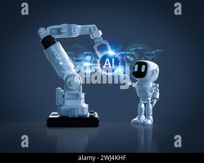 bras robotique de rendu 3d avec affichage d'interface numérique ai Banque D'Images