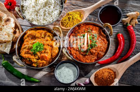 Paneer de madras chaud et masala de légumes avec riz basmati servi dans des pots de karahi indiens originaux. Banque D'Images