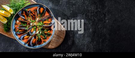 Une assiette de moules à la sauce tomate servie avec du persil et du citron Banque D'Images