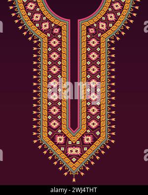 Conception de l'encolure avec des motifs ethniques Navajo sur fond violet foncé pour kurta indien. Illustration de Vecteur