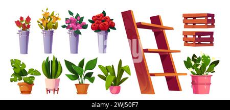 Ensemble de conception de magasin de fleurs isolé sur fond blanc. Illustration vectorielle de bande dessinée d'étagère et de caisses en bois, de grappes de roses de couleur, de lis dans des vases seau en métal, de plantes vertes dans des pots, de fleuriste Illustration de Vecteur