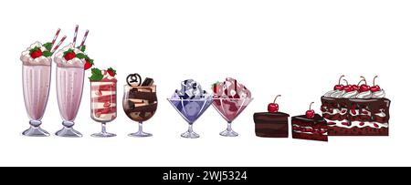 Jeu d'icônes de vecteur de couleur de produits de magasin de confiserie. Assortiment de desserts. Milkshakes, crèmes glacées et gâteaux pack d'illustration sur fond blanc Illustration de Vecteur
