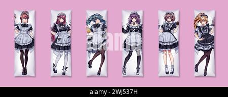 Jolies filles dans les uniformes de café de femme de ménage dakimakura ensemble de modèles vectoriels de couleur. Personnages féminins d'anime dans les robes de serveuse imprimer pour la collection d'oreiller Illustration de Vecteur