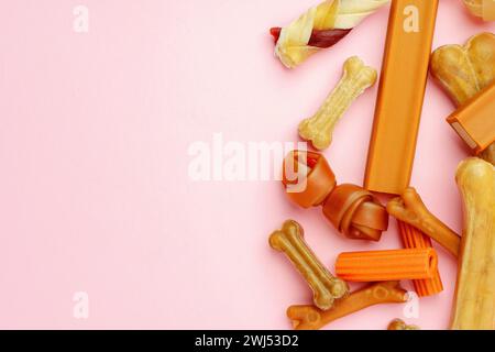 Chien mâcher os et bâtons sur fond rose Banque D'Images