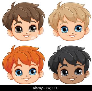 Quatre enfants de dessins animés souriants avec différentes couleurs de cheveux Illustration de Vecteur