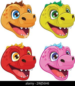 Quatre têtes de dinosaure joyeuses aux couleurs éclatantes Illustration de Vecteur