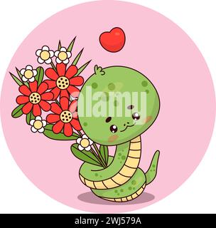 Serpent mignon avec bouquet de fleurs. Personnage romantique de reptile kawaii. Illustration vectorielle avec serpent d'amour de bande dessinée pour les valentines, cartes de vacances pour bi Illustration de Vecteur