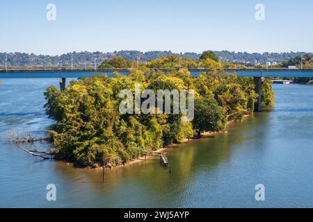 Une île couverte d'arbres au feuillage jaune-vert se trouve dans le fleuve bleu du Tennessee en contrebas d'un pont d'autoroute distant et de basses collines à Chattanooga, dans le Tennessee. Banque D'Images