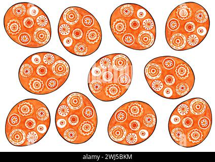 Ensemble d'oeufs de Pâques remplis d'ornements. Couleur orange avec un contour noir. L'ornement se compose de cercles remplis de lignes, de points et de zigzags. WA Banque D'Images