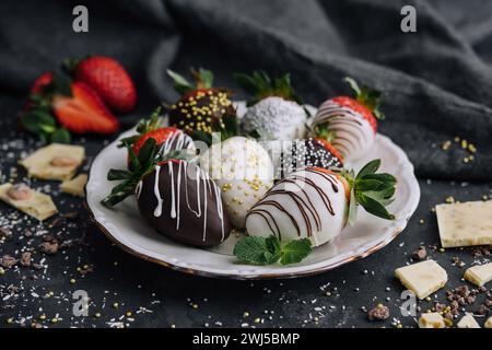 Fraises glacées dans du chocolat noir et blanc. allongez-vous sur une assiette blanche Banque D'Images