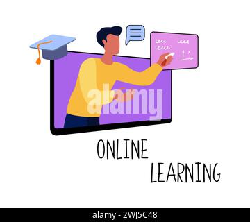 Apprentissage en ligne. Enseignant masculin enseigne en ligne. Professeur au télétravail. Minimalisme. Illustration vectorielle. Illustration de Vecteur