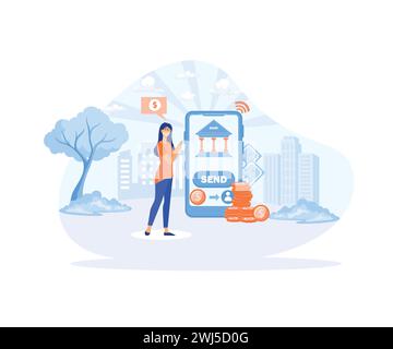 Femme paie pour les achats ou envoie de l'argent en utilisant l'application de téléphone intelligent. illustration moderne vectorielle plate Illustration de Vecteur