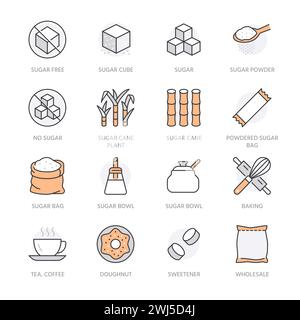 Canne à sucre, cube Flat line icônes ensemble. Édulcorant, stévia, cuillère, produits de boulangerie, rouleau à pâtisserie, illustrations vectorielles du fouet. Présentez les signes pour sans sucre Illustration de Vecteur