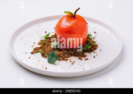 Dessert inhabituel en forme de tomate sur une assiette blanche Banque D'Images