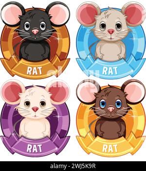 Quatre rats de dessin animé mignons avec des fonds d'écusson vibrants Illustration de Vecteur