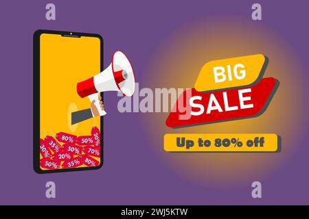Grand fond de réduction de vente avec un téléphone intelligent et mégaphone. Conception de modèle de bannière de mise en page de promotion de remise. Illustration vectorielle. Illustration de Vecteur