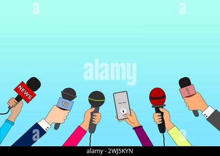 Mains de journaliste avec microphones et smartphone. Les journalistes avec des micros prennent des entrevues pour la diffusion de nouvelles, conférence de presse ou news. Vecteur média co Illustration de Vecteur