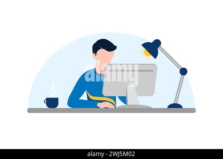 Homme sans visage travaillant avec un PC de bureau. Travailler à la maison illustration de style plat vectoriel. Illustration de Vecteur