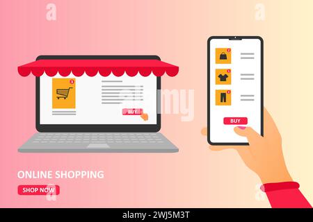 Boutique d'achat en ligne sur le site Web et la conception de téléphone mobile. Concept de marketing d'entreprise intelligent. Illustration vectorielle. Illustration de Vecteur