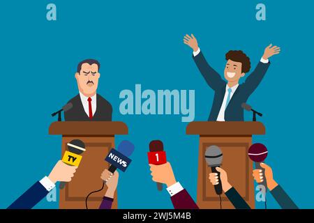 Concept de débat. Candidat à la présidence sur le podium. Discours politique. Élection présidentielle. Journaliste ou presse les mains des médias avec des microphones. Illustration de Vecteur