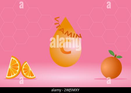 Goutte d'eau vitamine C orange avec un fruit orange et tranche d'orange sur fond rose avec motif nid d'abeilles. Illustration vectorielle. Illustration de Vecteur