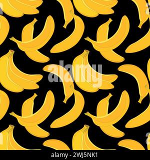 Modèle sans couture de banane sur fond noir. Illustration vectorielle. Conception pour papier d'emballage, textile, tissu. Fruits exotiques mûrs jaunes. Illustration de Vecteur