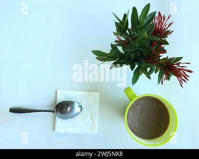 : Un verre d'eau de café blanc et un pot de fleurs sur fond blanc Banque D'Images