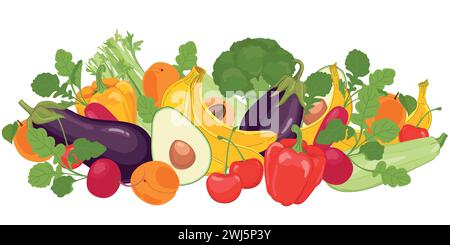 Ensemble de produits, nourriture saine. Fruits et légumes sur fond blanc. Illustration vectorielle plate de la nourriture végétarienne. Récolte dans le style de dessin animé. Illustration de Vecteur