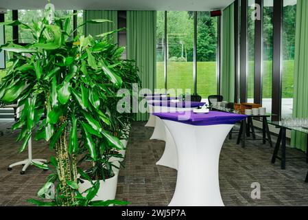 Espace événementiel contemporain avec de grandes tables de cocktail habillées de blanc et violet, prêt pour un rassemblement social ou d'entreprise, grandes fenêtres mettant en valeur gr Banque D'Images