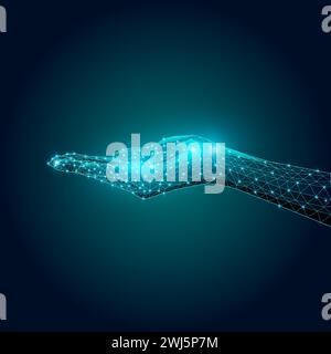 Main filaire numérique étendue sur fond bleu foncé. Publicité de services technologiques présentant des solutions numériques futuristes. Illustration de Vecteur