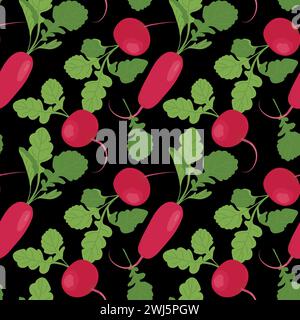 Motif sans couture radis rouge sur fond noir. Vecteur végétal dans le style plat. Fond pour les textiles de cuisine, motif de légumes frais en carto Illustration de Vecteur