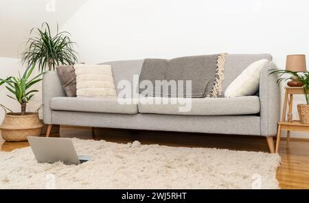 Canapé gris dans le salon intérieur minimaliste et ordinateur portable sur la moquette sur le sol. Banque D'Images