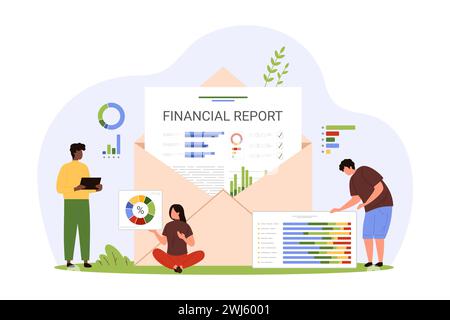 Analyse de rapports financiers, conseil en comptabilité et en audit. De minuscules personnes recherchent des graphiques numériques et des déclarations à partir d'une enveloppe ouverte, les conseillers contrôlent et planifient l'illustration vectorielle de dessin animé du budget de l'entreprise Illustration de Vecteur