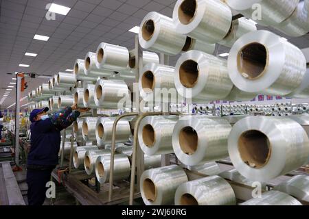 CHONGQING, CHINE - 11 FÉVRIER 2024 - Une travailleuse inspecte une chaîne de production automatisée dans l'atelier de production d'une entreprise de fibres de verre en CH Banque D'Images