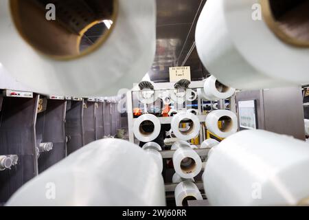 CHONGQING, CHINE - 11 FÉVRIER 2024 - Un travailleur effectue une opération de tréfilage dans l'atelier de production d'une entreprise de fibres de verre à Chongqing, CH Banque D'Images