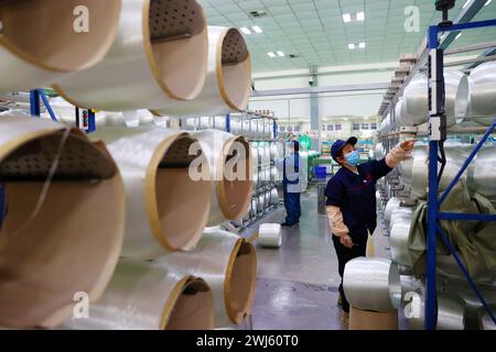 CHONGQING, CHINE - 11 FÉVRIER 2024 - Une travailleuse inspecte une chaîne de production automatisée dans l'atelier de production d'une entreprise de fibres de verre en CH Banque D'Images