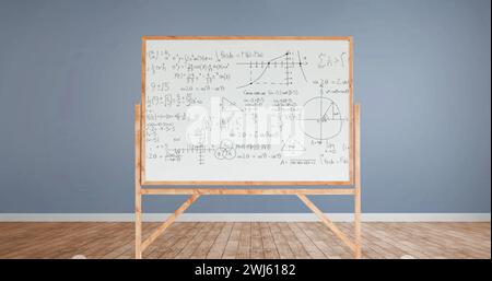 L'image numérique présente des équations mathématiques sur un tableau blanc dans une pièce aux murs gris. Banque D'Images