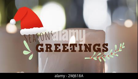 Image du texte de voeux de saison sur fond de bougies allumées Banque D'Images