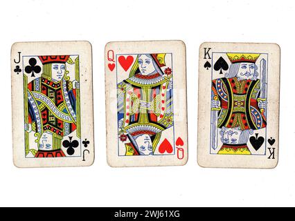 Cartes à jouer vintage montrant un jack, une reine et un roi isolés sur un fond blanc. Banque D'Images