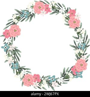 Courtepointe florale dessinée à la main. Brindilles d'olivier, guirlande de fleurs roses. Composition naturelle printemps-été. Illustration de mariage vectorielle isolée sur Illustration de Vecteur