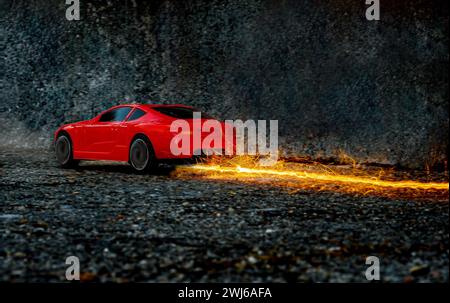 Voiture de course rouge jouet apparemment à vitesse tellement rapide qu'il a laissé une traînée de feu Banque D'Images