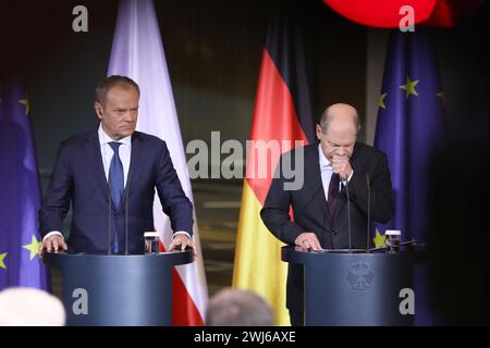 Berlin, Deutschland, 12.02.2024, Bundeskanzleramt : Empfang des polnischen Ministerpräsidenten durch den deutschen Bundeskanzler : Donald Tusk und Olaf Scholz *** Berlin, Allemagne, 12 02 2024 réception du premier ministre polonais par la chancelière allemande Donald Tusk et Olaf Scholz Copyright : xdtsxNachrichtenagenturx dts 30567 Banque D'Images