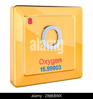 Oxygène, O signe d'élément chimique numéro 8 dans le tableau périodique. Rendu 3D isolé sur fond transparent Banque D'Images