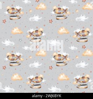 Navire aérien rétro, nuages, étoiles style vintage motif sans couture aquarelle isolé sur blanc. Boho beige, illustration grise dessinée à la main. Pour textile enfant Banque D'Images