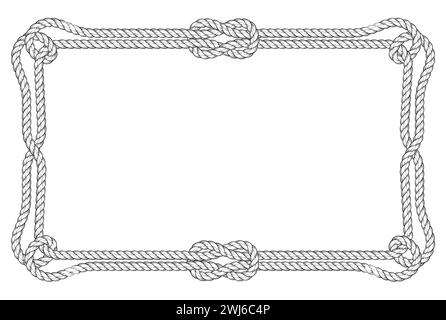 Cadre de corde carré avec boucles de coin, double bordure et nœuds, cadre marin, vecteur Illustration de Vecteur