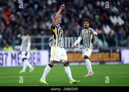 Turin, Italie. 12 février 2024. Arkadiusz Milik de la Juventus FC fait des gestes pendant le match de Serie A entre la Juventus FC et Udinese Calcio au stade Allianz le 12 février 2024 à Turin, Italie . Crédit : Marco Canoniero/Alamy Live News Banque D'Images