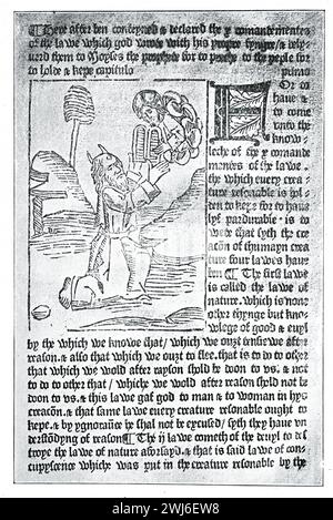 Une page du Royal Book de William Caxton. Moïse reçoit les 10 Commandements. Illustration en noir et blanc du Connoisseur, un magazine illustré pour collectionneurs Voll 3 (mai-août 1902) publié à Londres. Banque D'Images